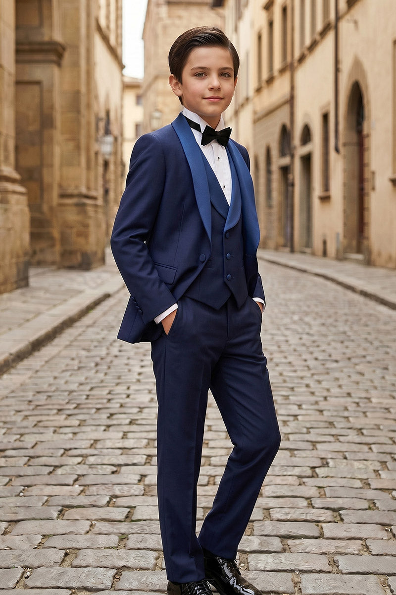 Boys Navy Blue Tuxedo with Shawl Lapel 3-Piece Suit