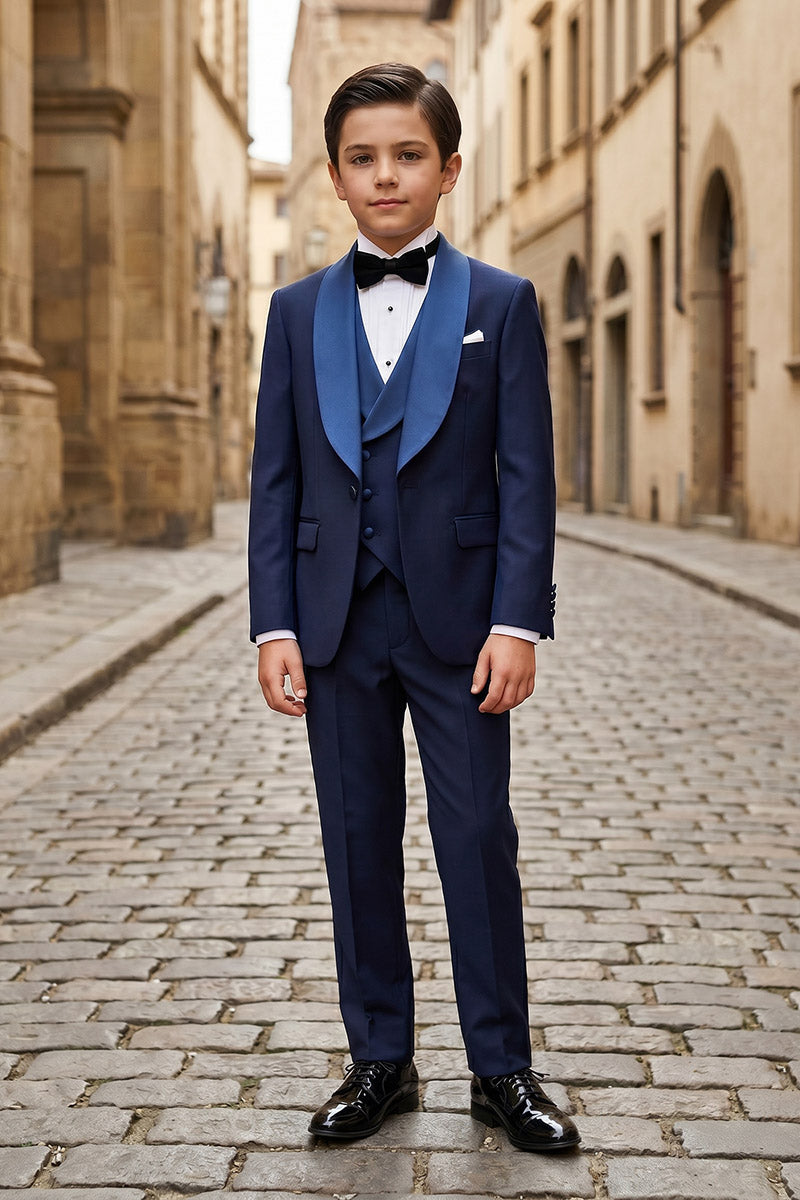 Boys Navy Blue Tuxedo with Shawl Lapel 3-Piece Suit