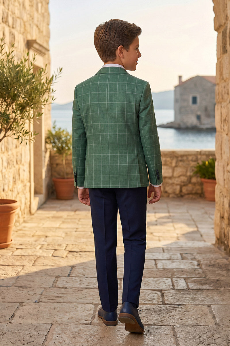 Boys Green Windowpane Check Blazer with Navy Trousers 2-Piece Suit