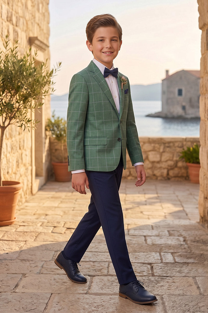 Boys Green Windowpane Check Blazer with Navy Trousers 2-Piece Suit