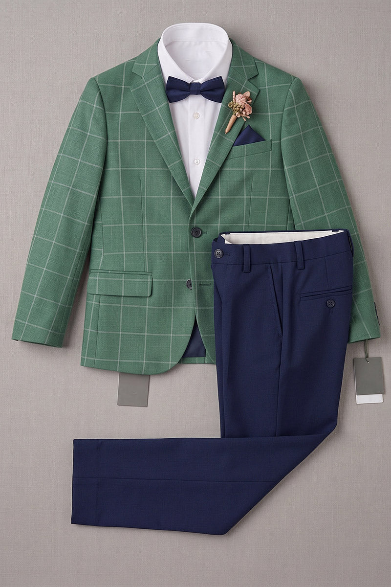 Boys Green Windowpane Check Blazer with Navy Trousers 2-Piece Suit