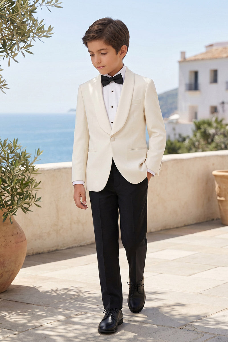Boys Ivory Shawl Lapel Tuxedo with Black Trousers 2-Piece Suit