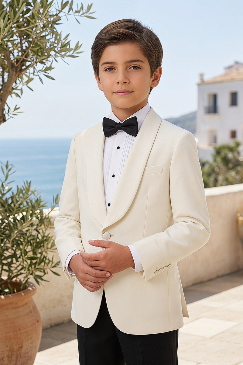 Boys Ivory Shawl Lapel Tuxedo with Black Trousers 2-Piece Suit