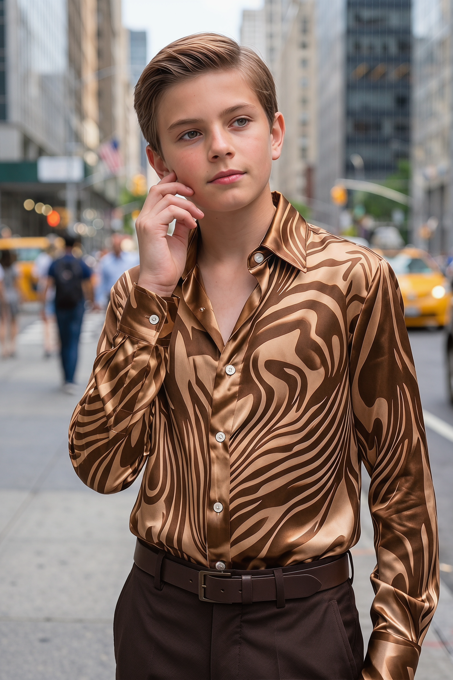 Brown Zebra Print Satin Long-Sleeved Shirt