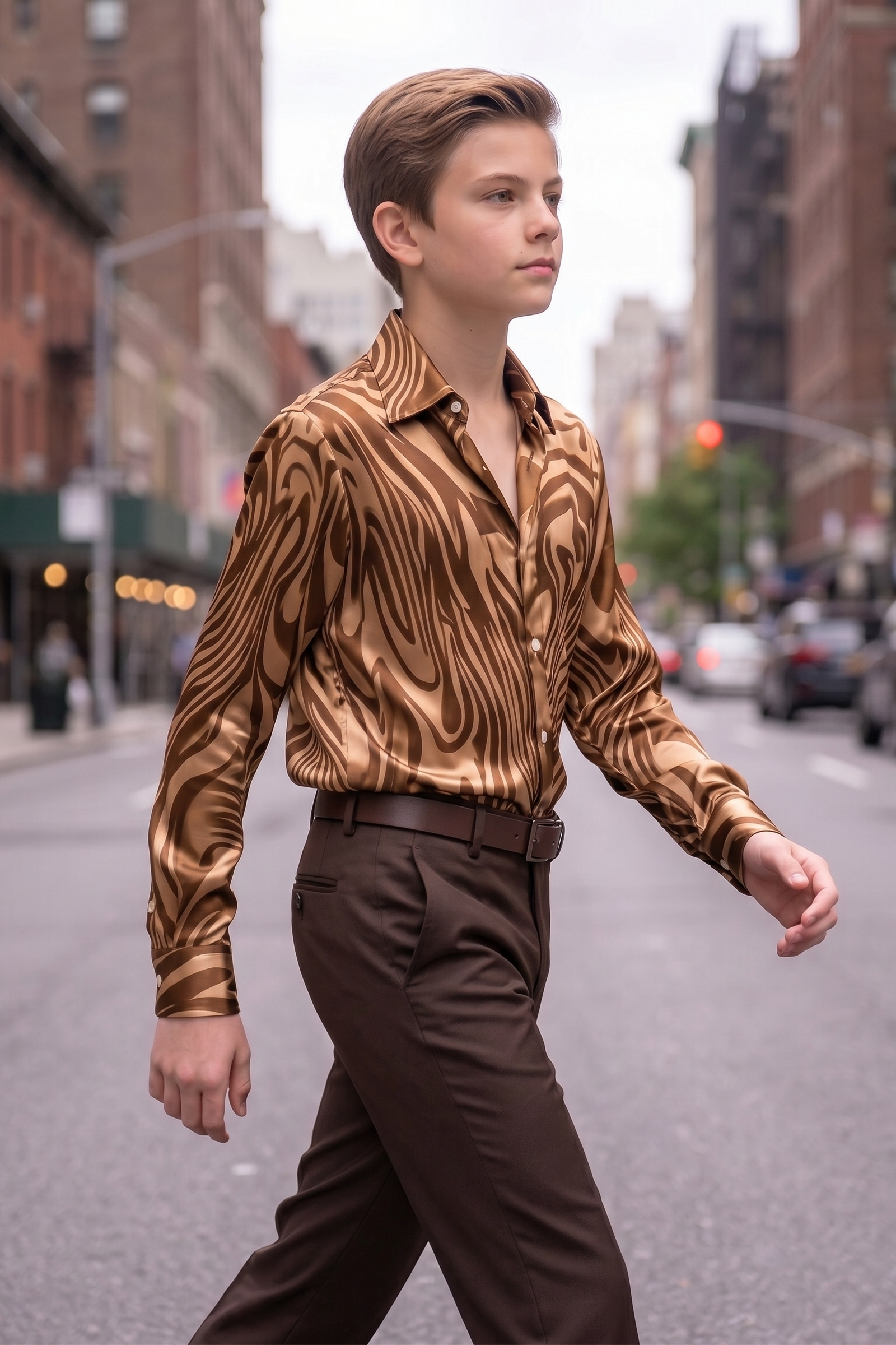 Brown Zebra Print Satin Long-Sleeved Shirt