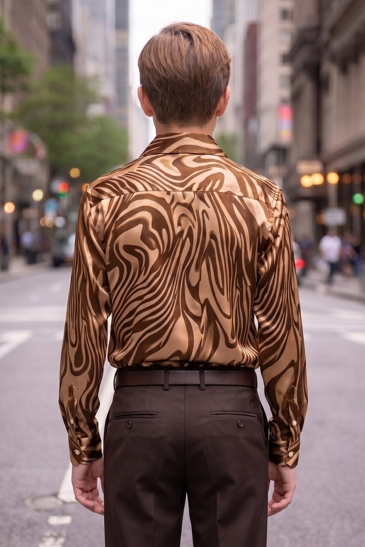 Brown Zebra Print Satin Long-Sleeved Shirt