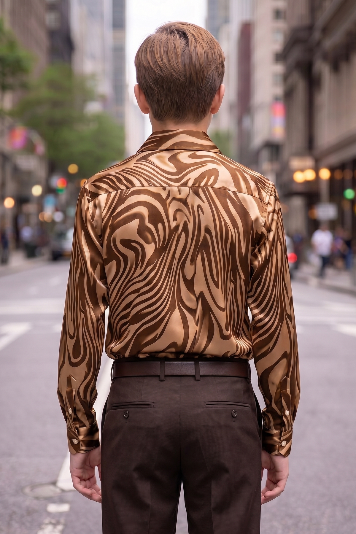 Brown Zebra Print Satin Long-Sleeved Shirt