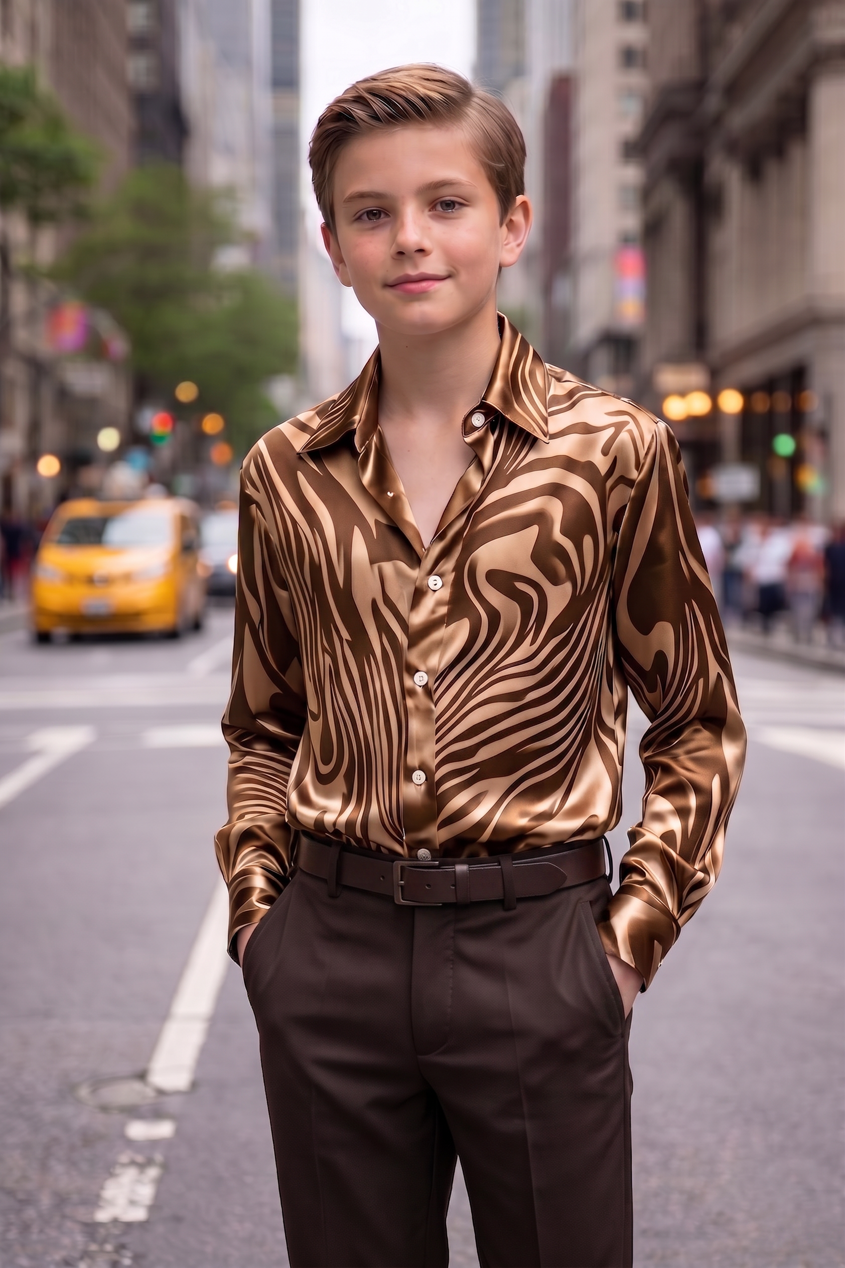 Brown Zebra Print Satin Long-Sleeved Shirt
