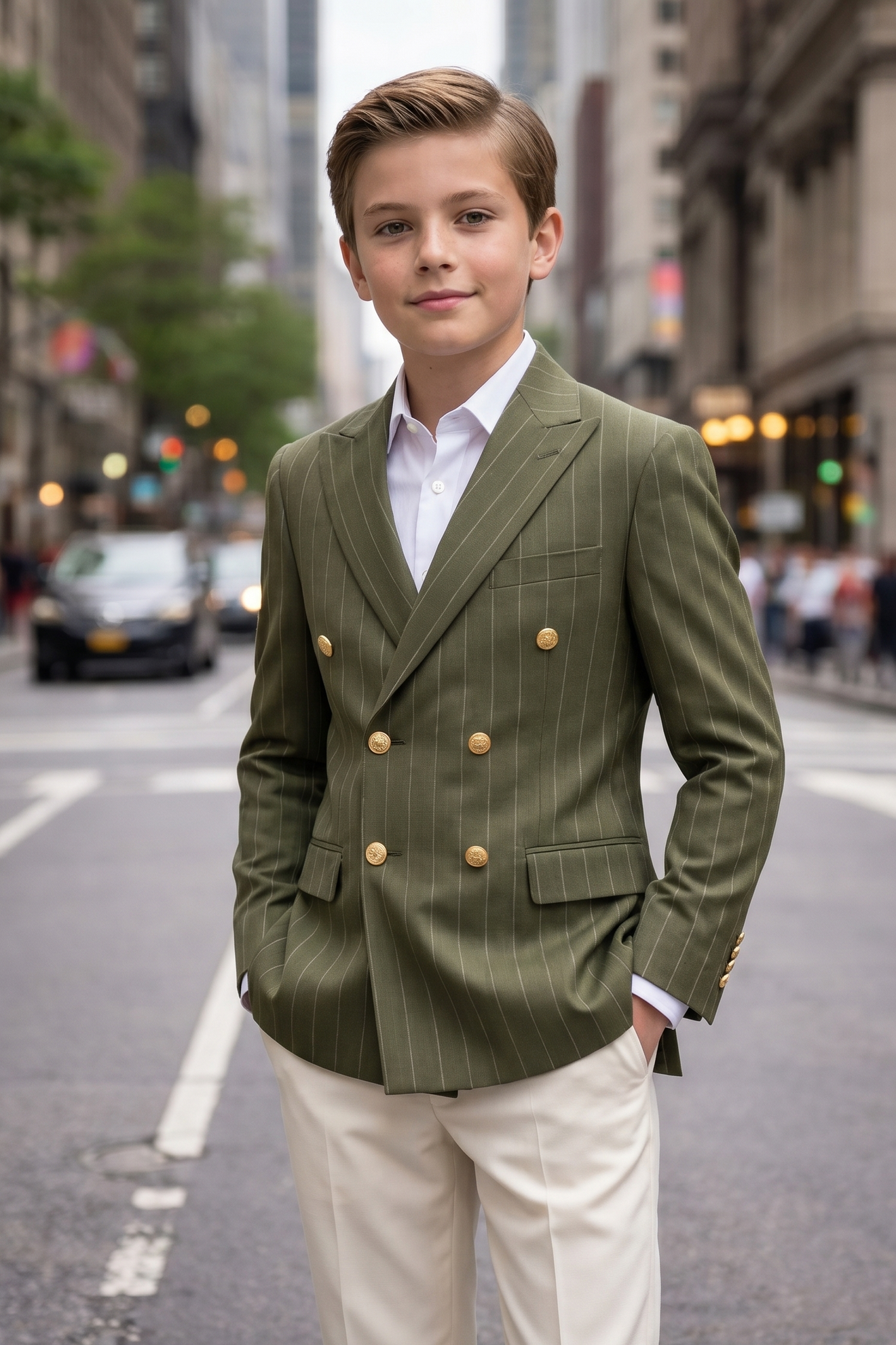 Olive Green Pinstriped Double-Breasted 2-Piece Suit
