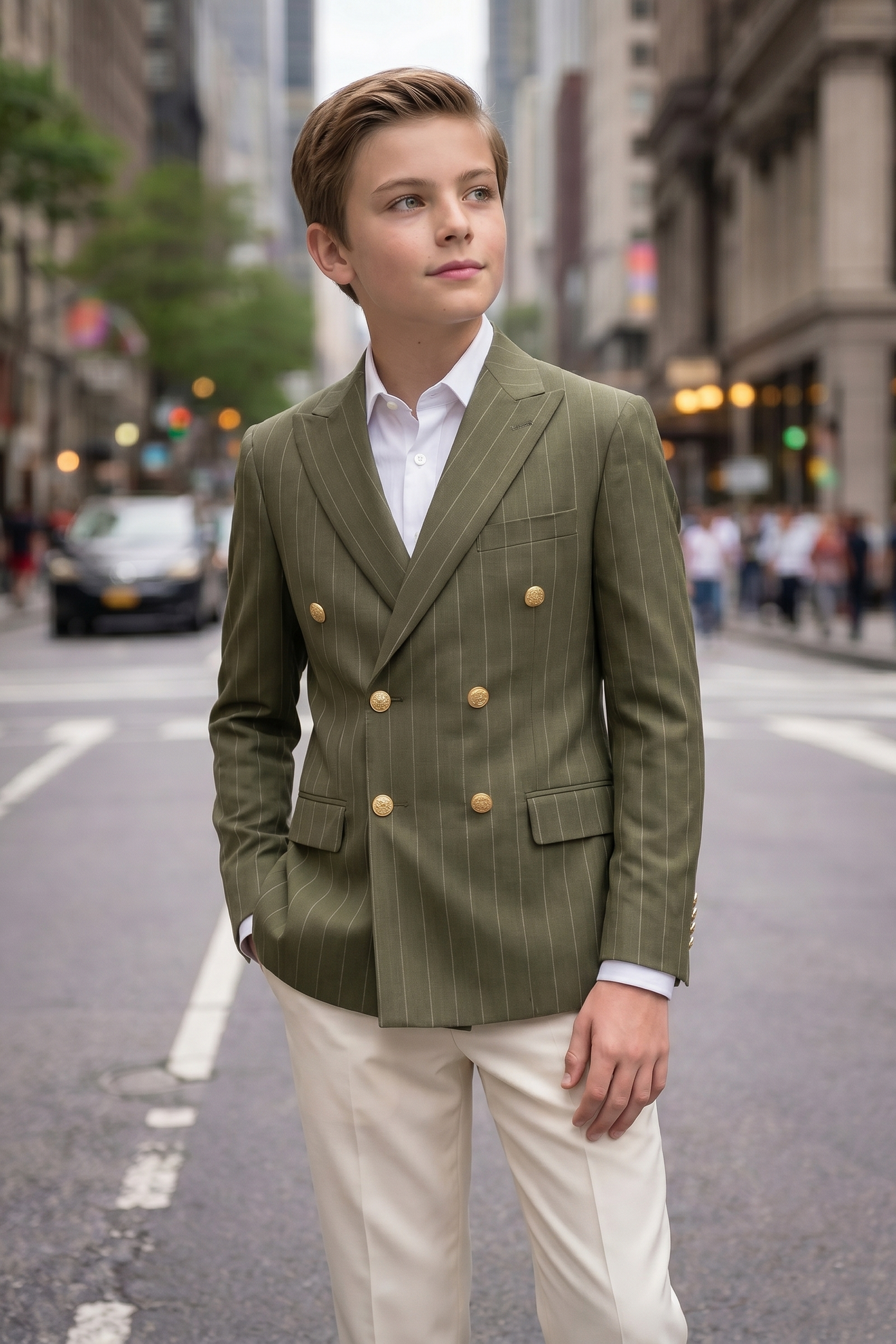 Olive Green Pinstriped Double-Breasted 2-Piece Suit