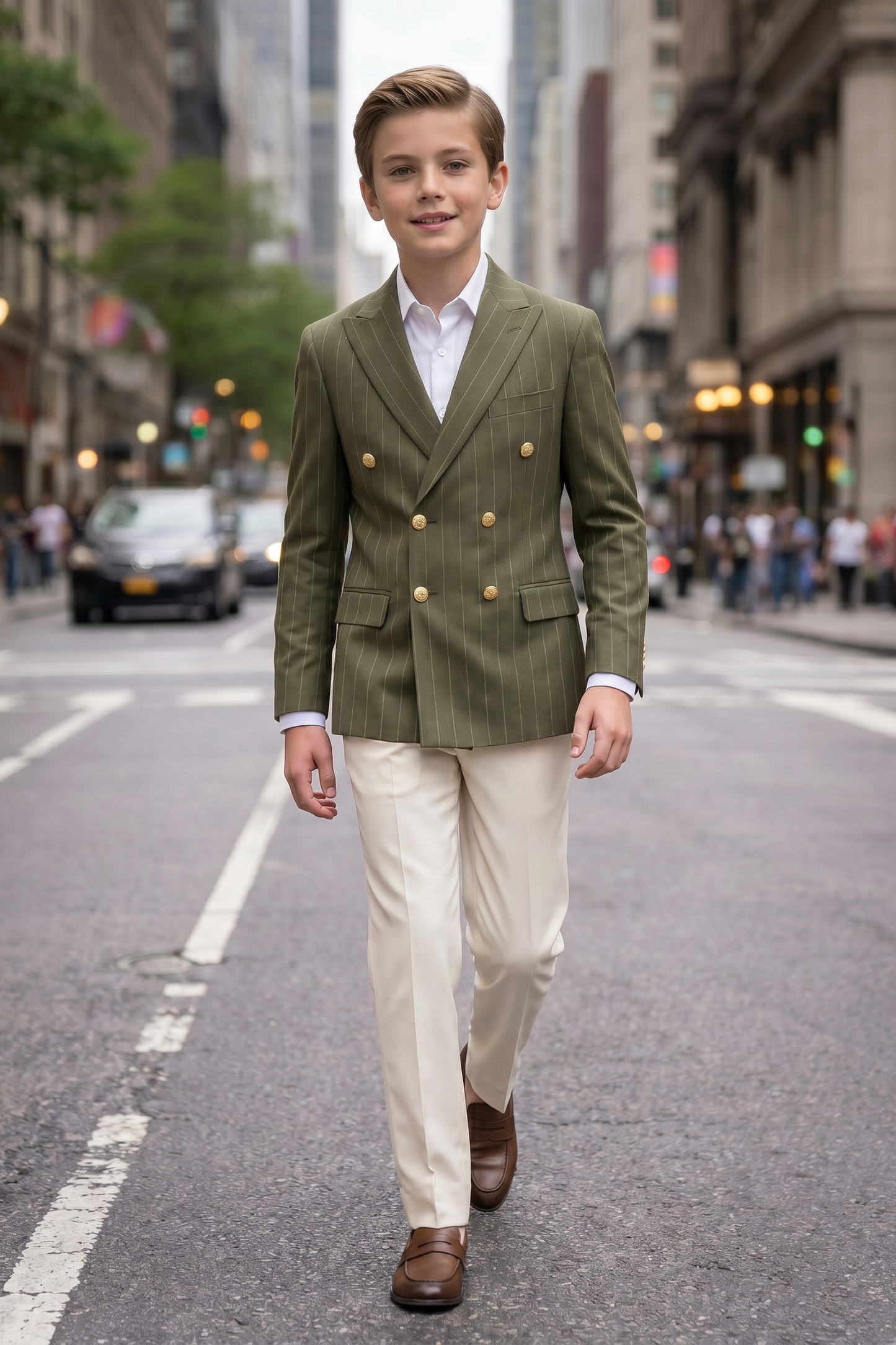Olive Green Pinstriped Double-Breasted 2-Piece Suit