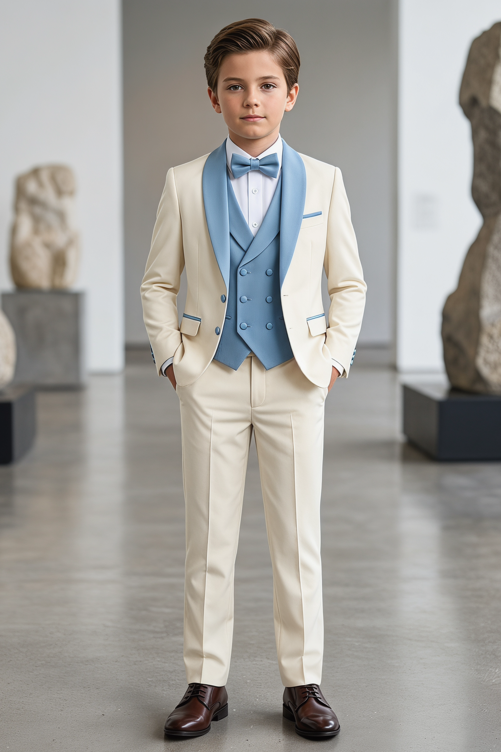 Light Apricot And Light Blue Color-Blocked 3-Piece Suit