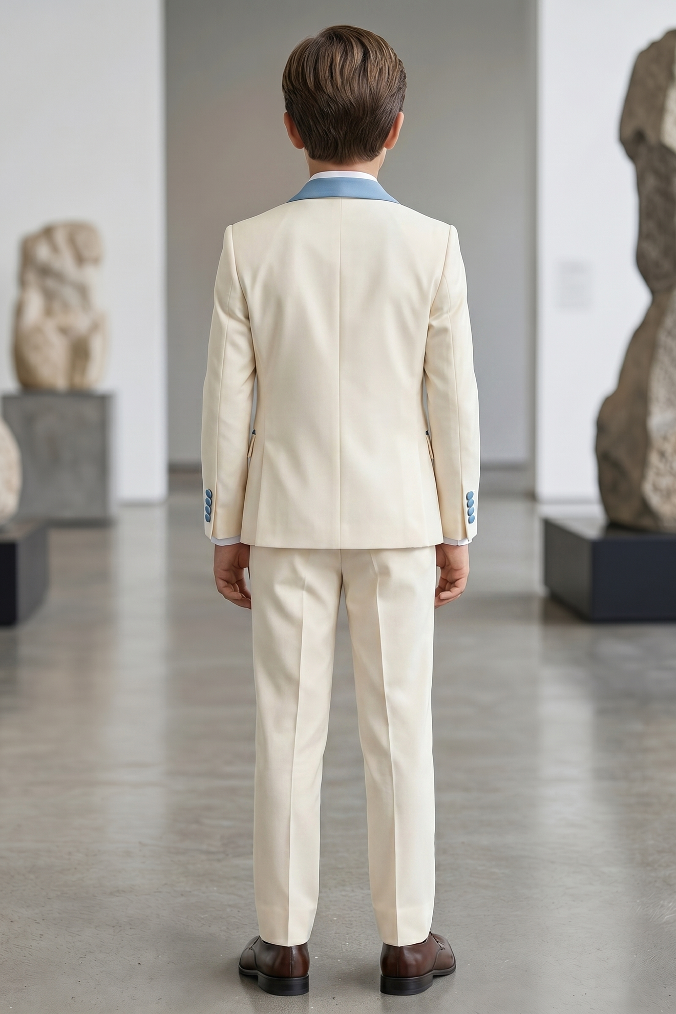 Light Apricot And Light Blue Color-Blocked 3-Piece Suit
