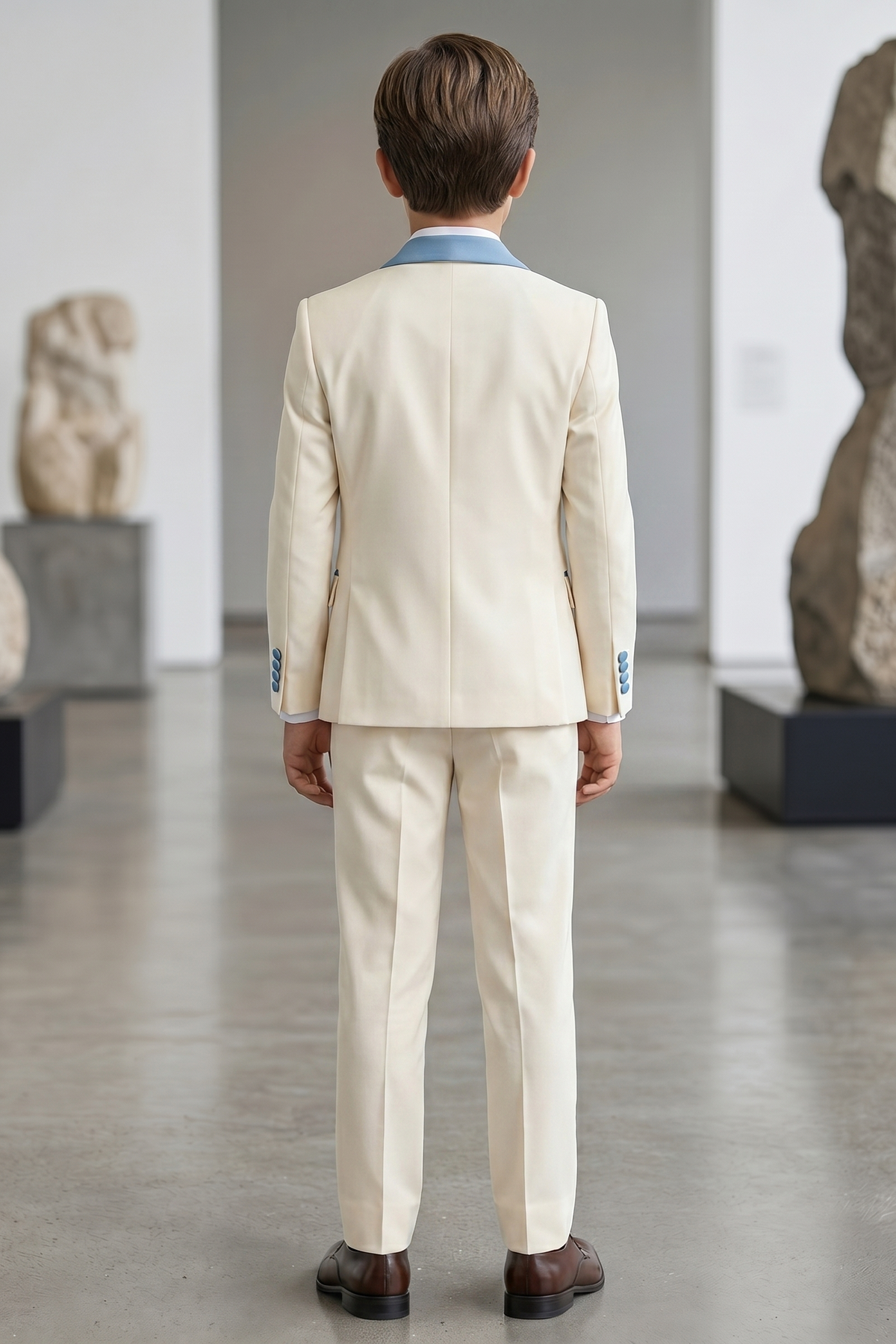Light Apricot And Light Blue Color-Blocked 3-Piece Suit