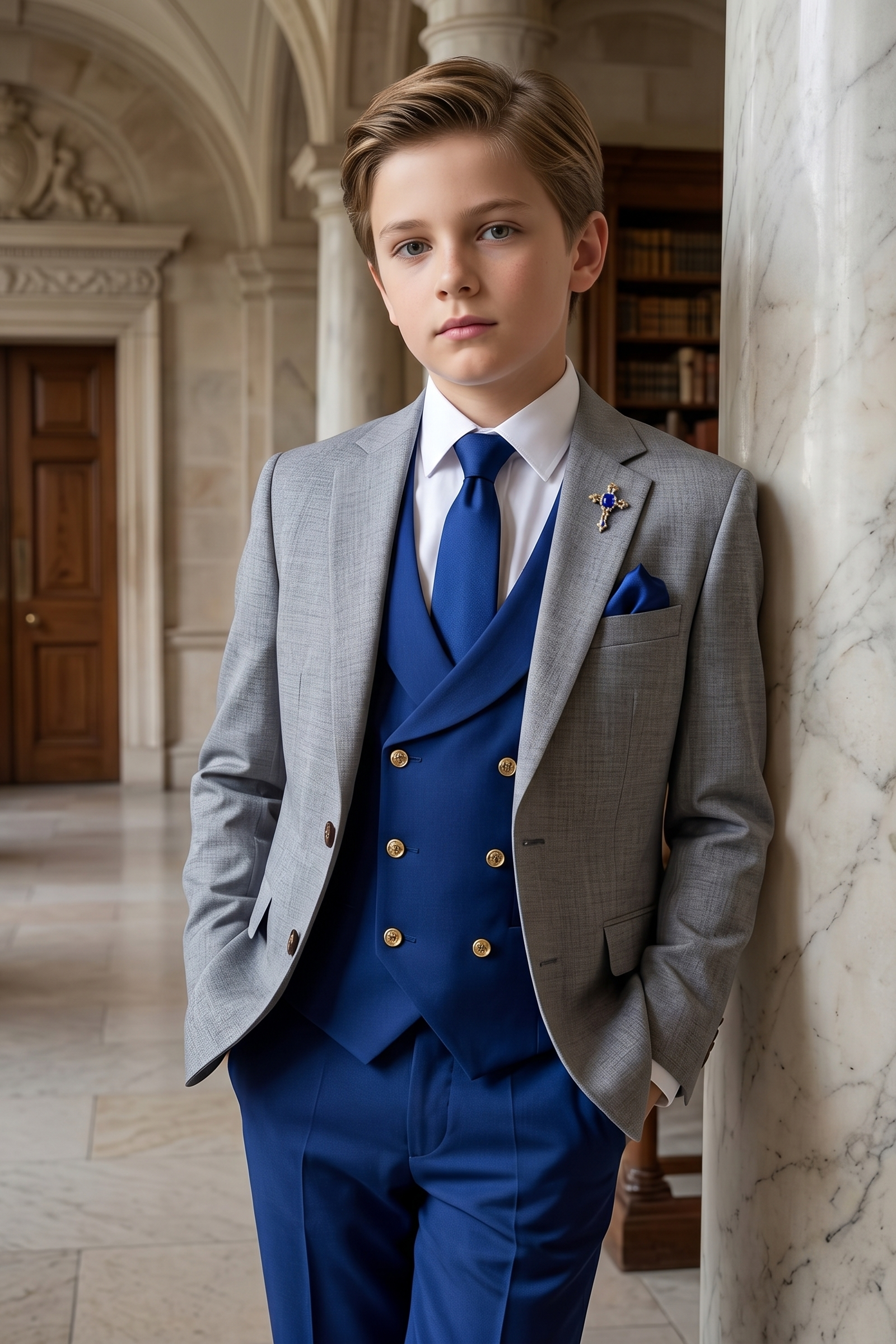 Light Gray And Dark Blue Cotton Linen 3-Piece Suit