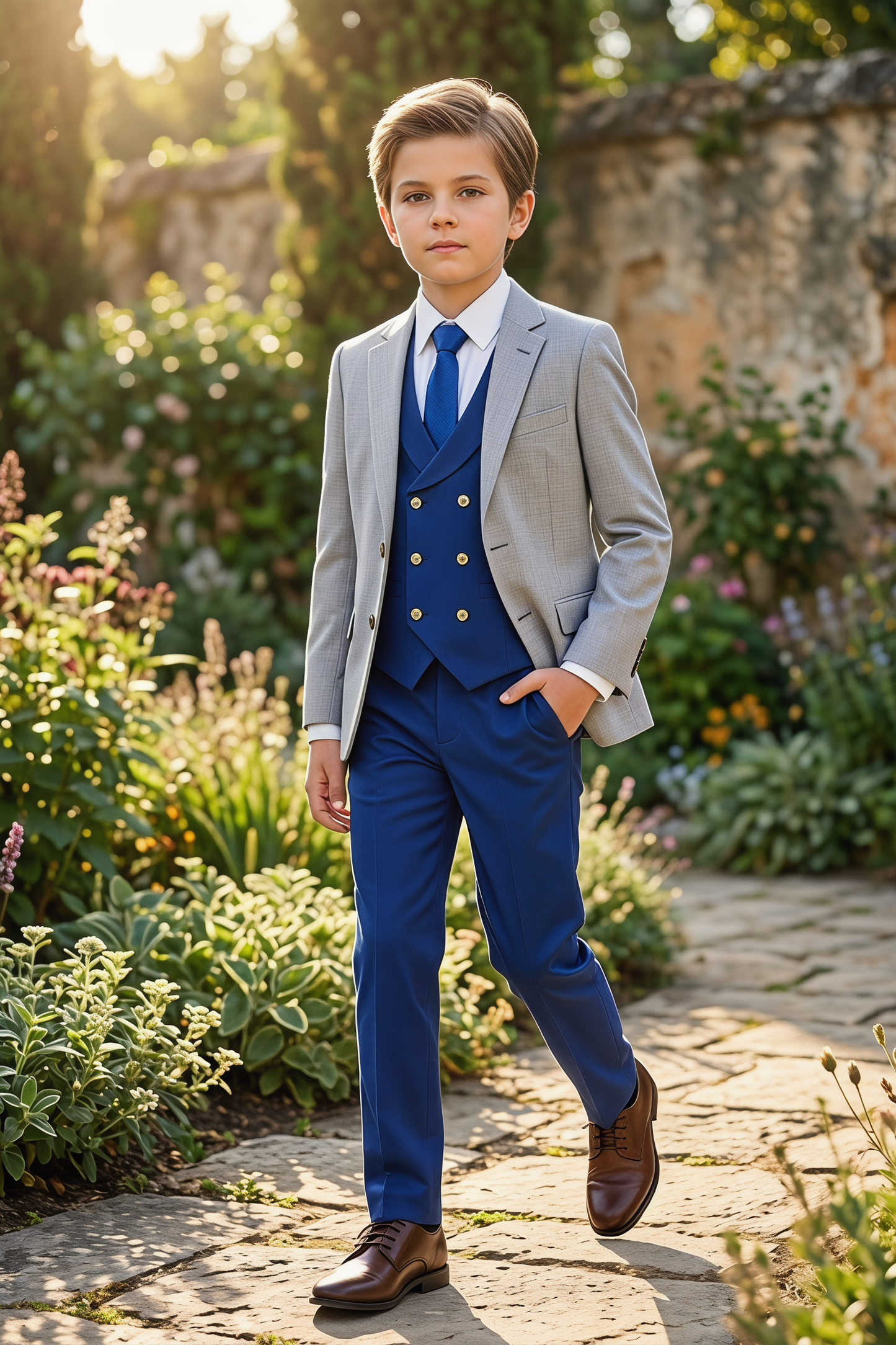 Light Gray And Dark Blue Cotton Linen 3-Piece Suit