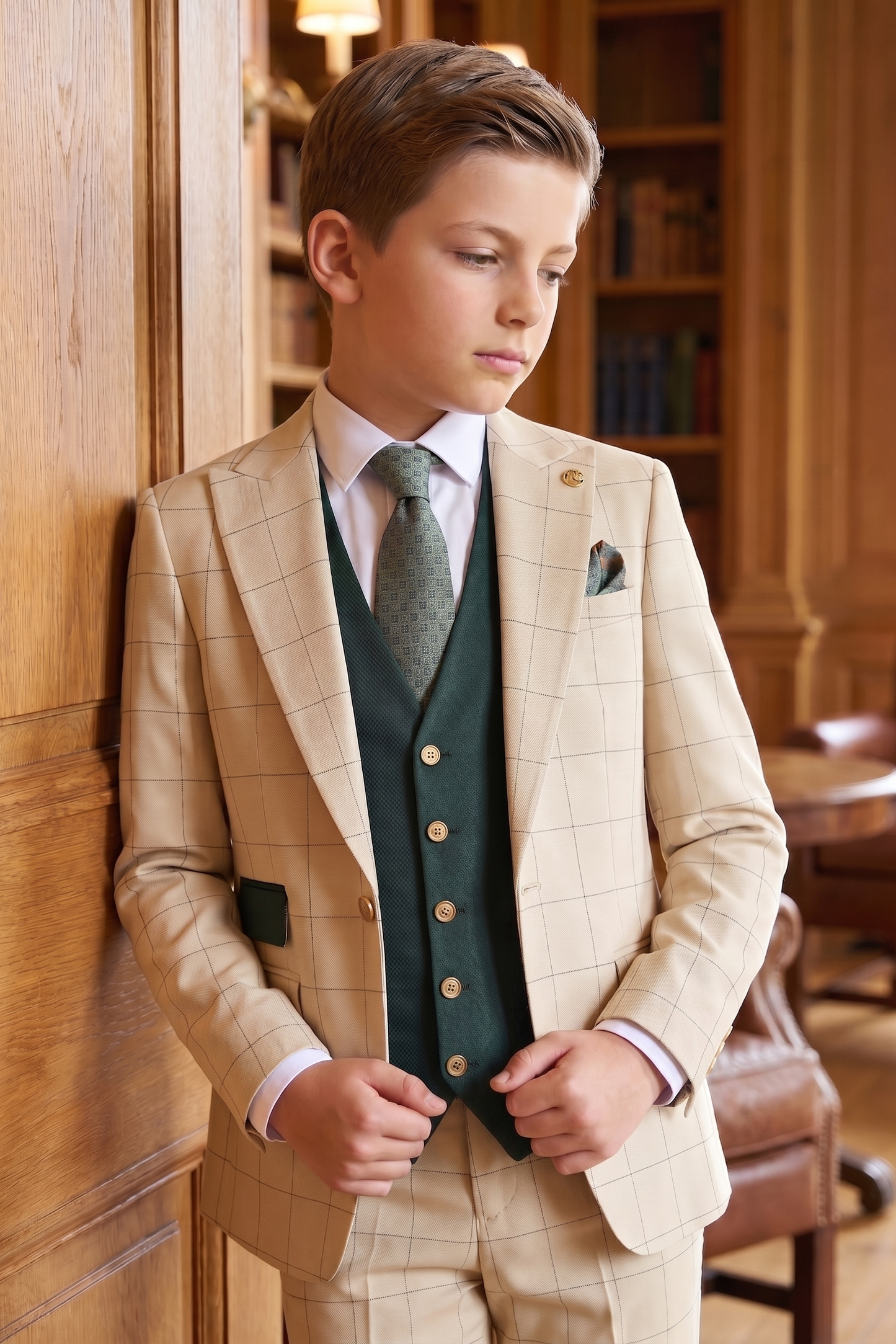 Light Khaki Plaid Dark Green Color Blocking 3-Piece Suit