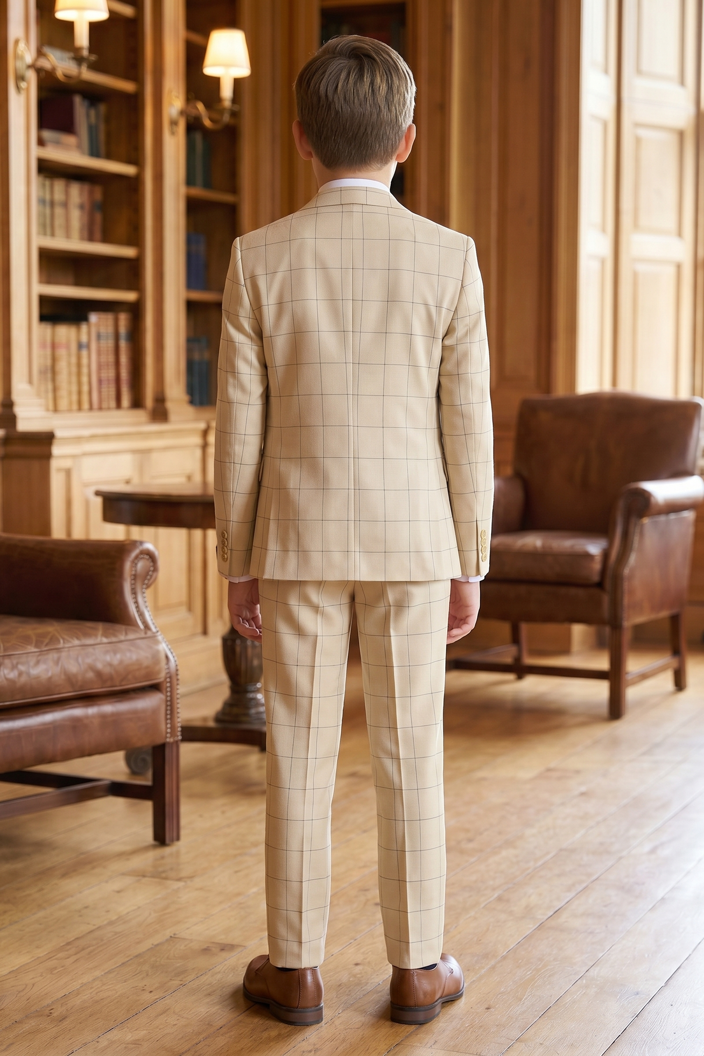 Light Khaki Plaid Dark Green Color Blocking 3-Piece Suit