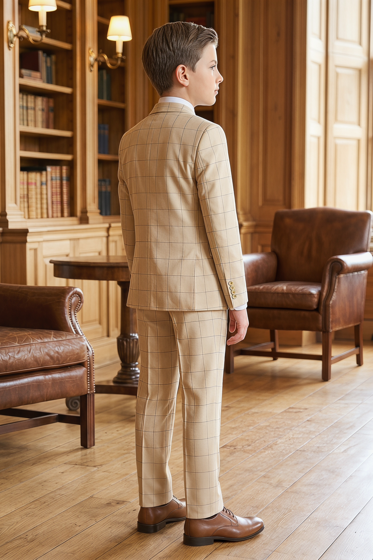 Light Khaki Plaid Dark Green Color Blocking 3-Piece Suit