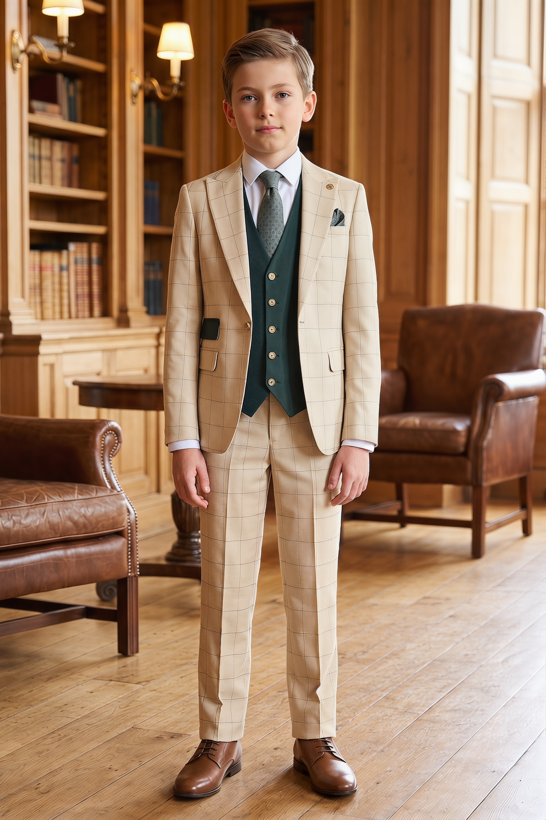 Light Khaki Plaid Dark Green Color Blocking 3-Piece Suit
