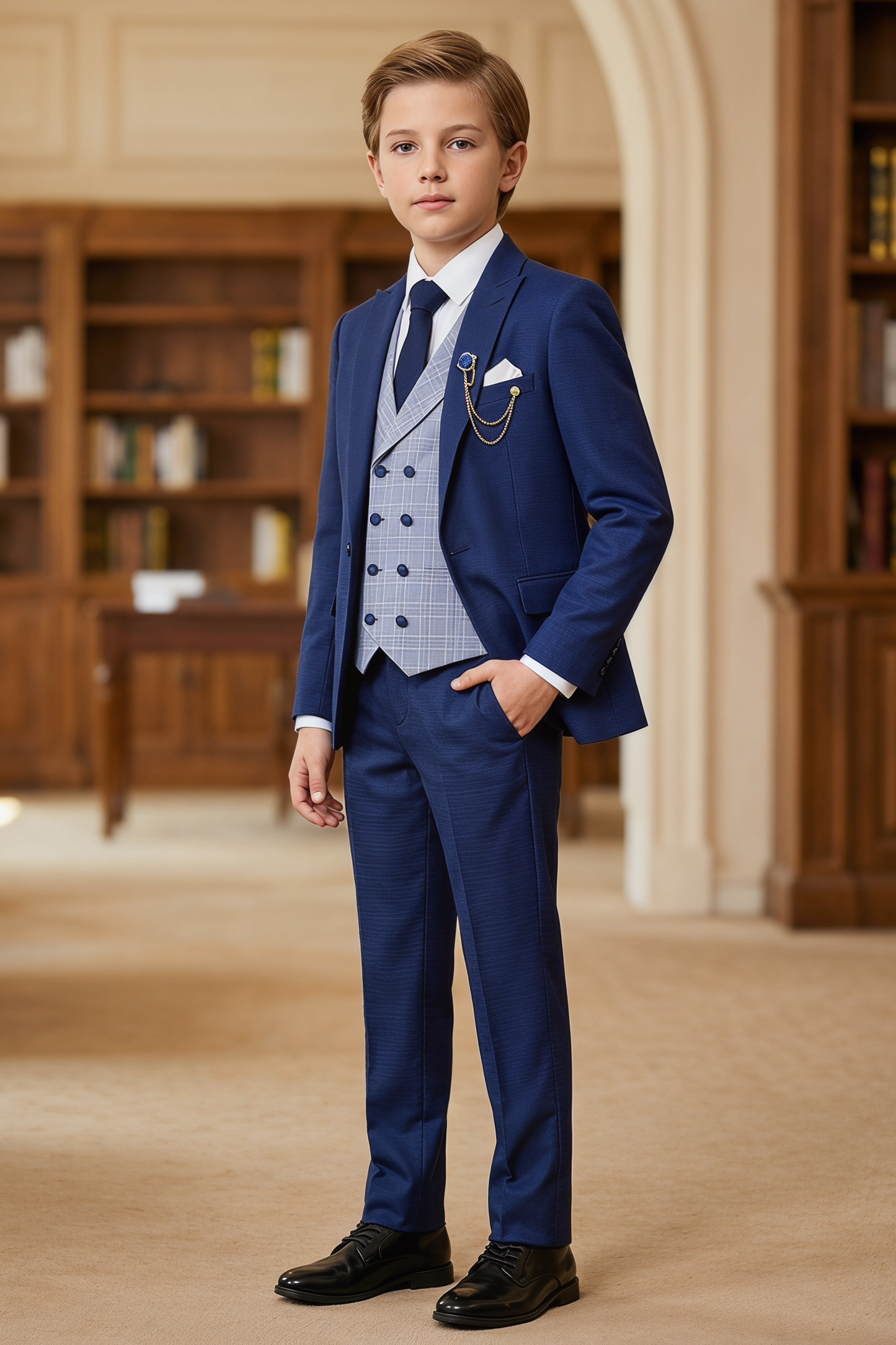Navy Blue Plaid Serge 3-Piece Suit