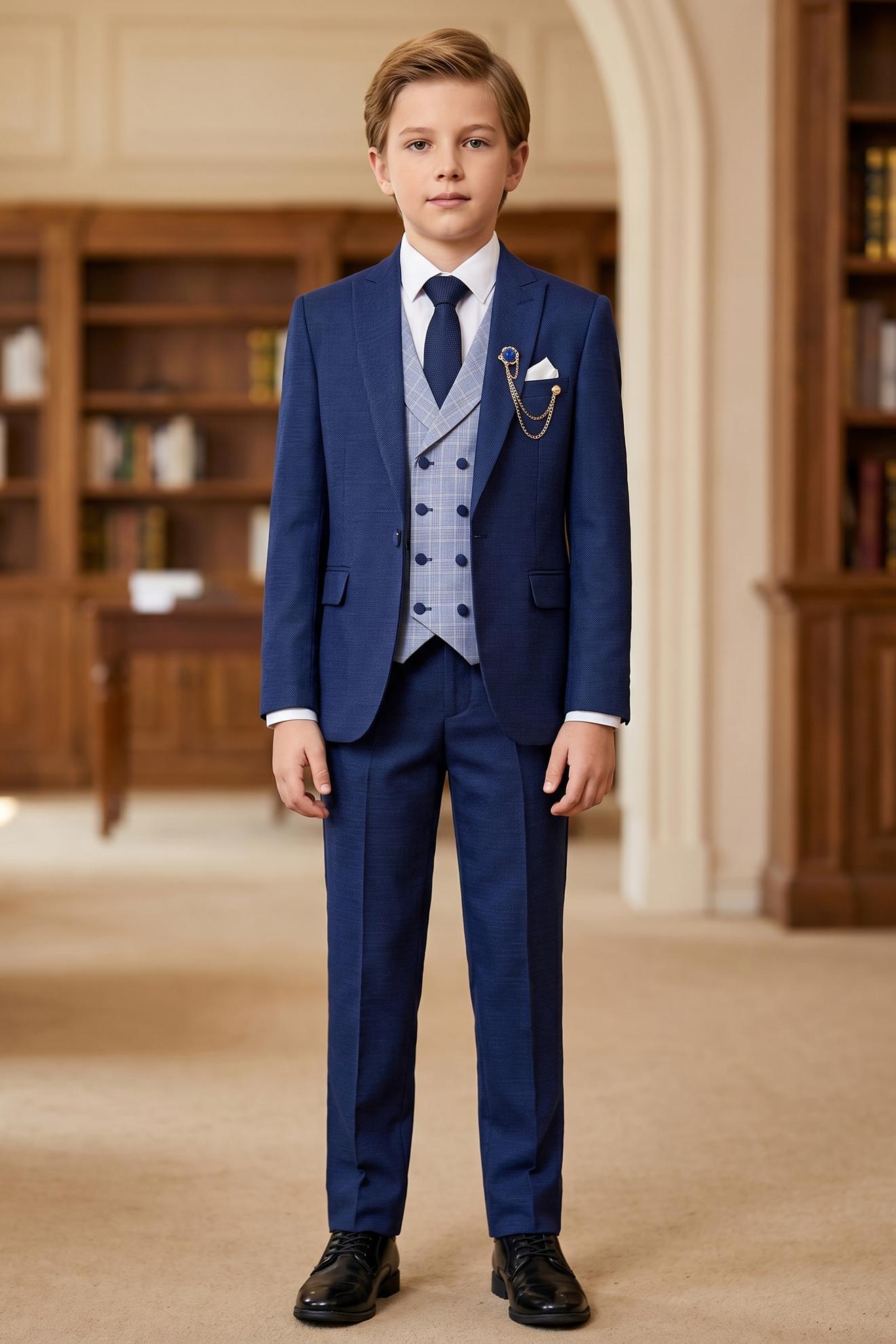 Navy Blue Plaid Serge 3-Piece Suit