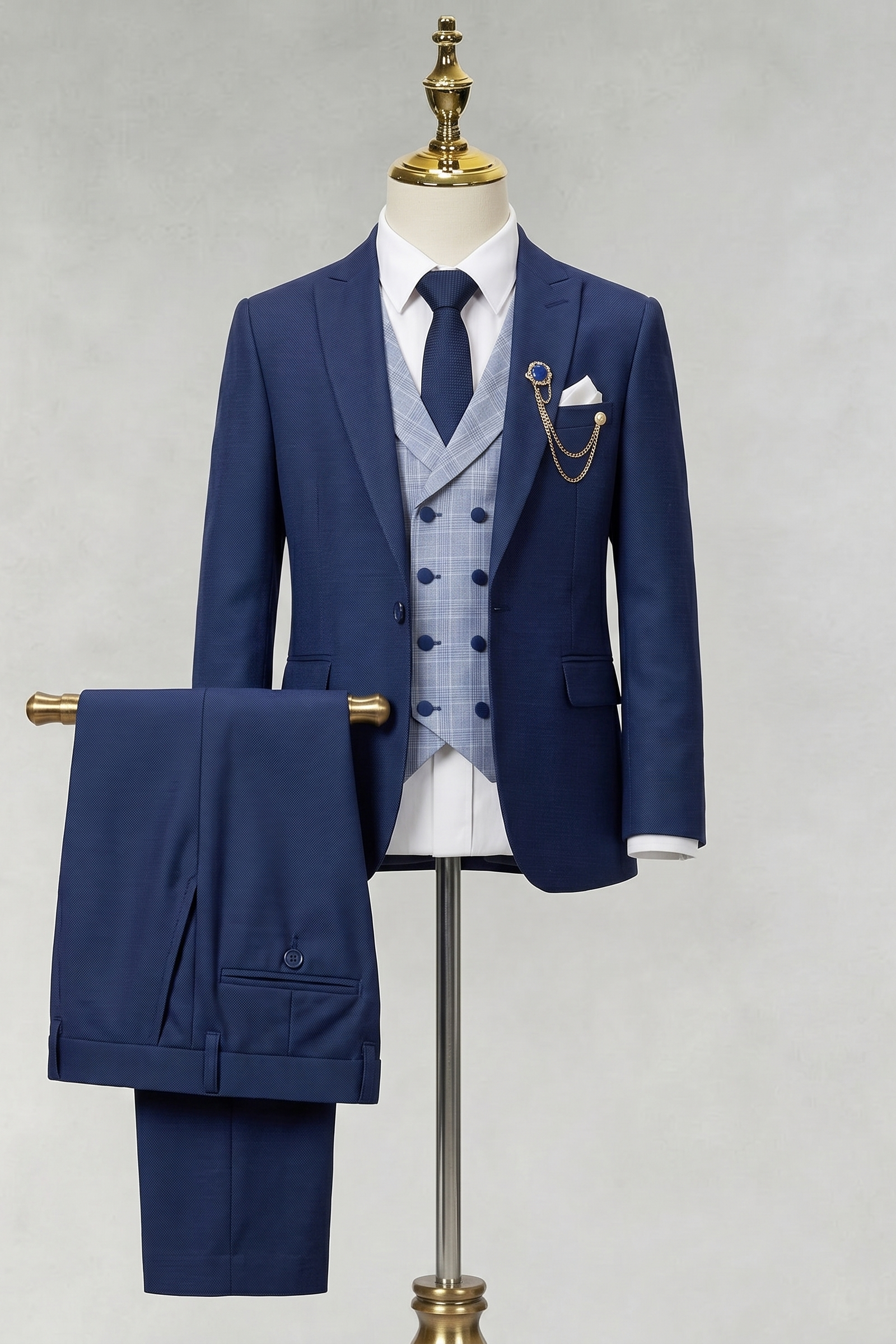 Navy Blue Plaid Serge 3-Piece Suit