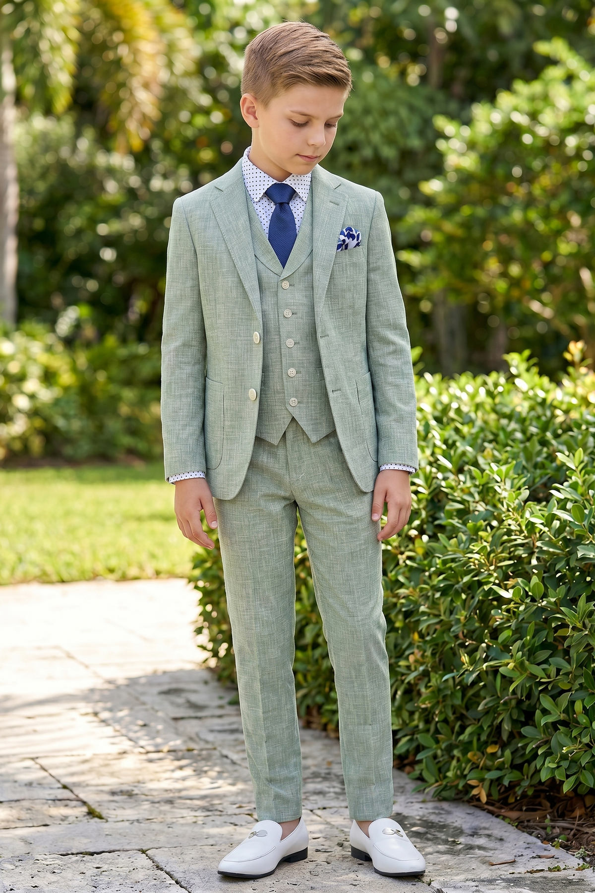 Matcha Green Cotton Linen Single-Breasted 3-Piece Suit