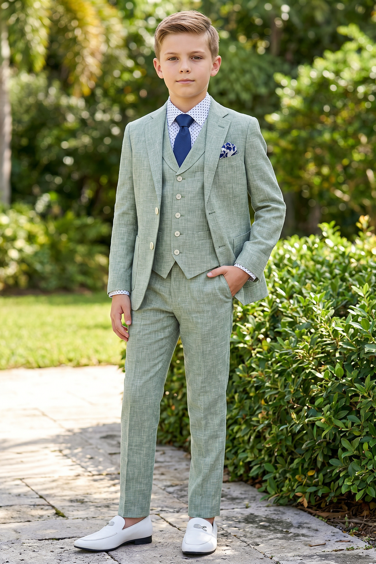 Matcha Green Cotton Linen Single-Breasted 3-Piece Suit
