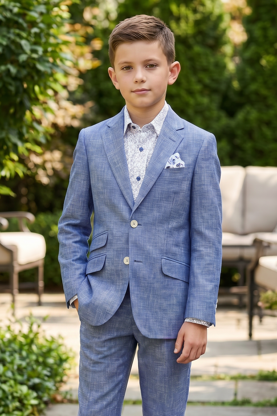 Denim Blue Cotton Linen Single-Breasted 2-Piece Suit