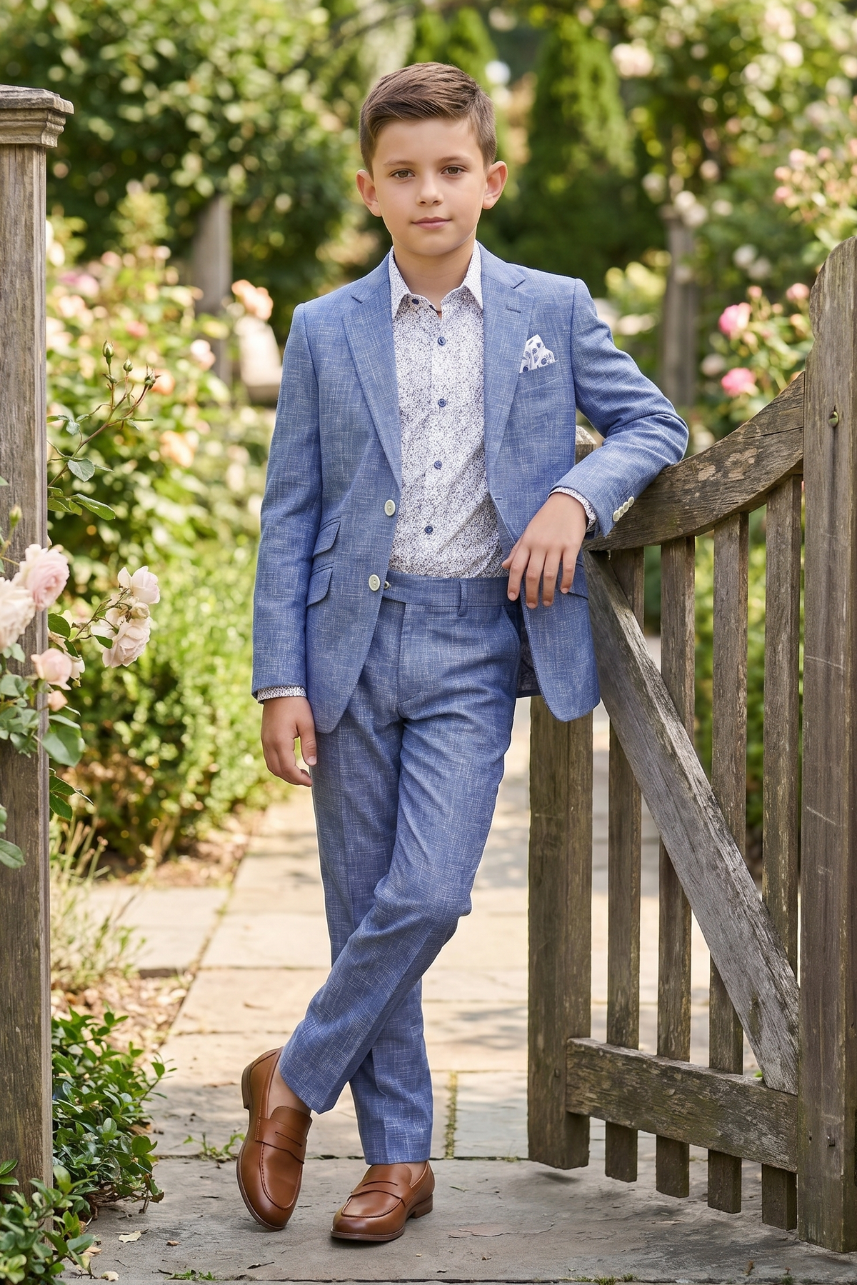 Denim Blue Cotton Linen Single-Breasted 2-Piece Suit