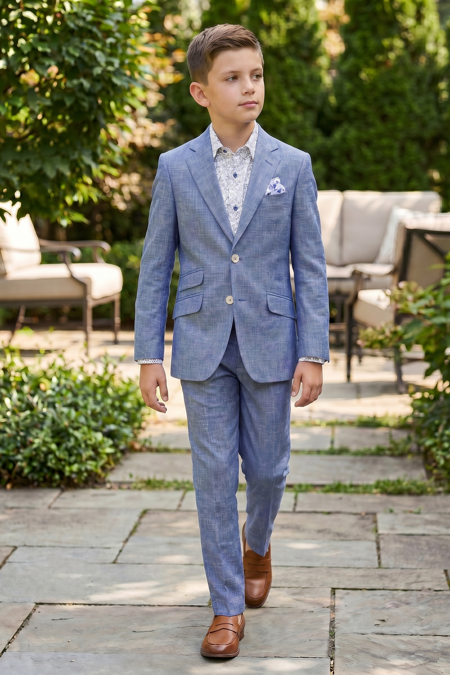 Denim Blue Cotton Linen Single-Breasted 2-Piece Suit