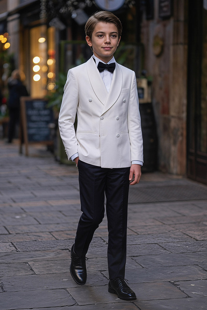 Boys White Double-Breasted Tuxedo with Black Trousers 2-Piece Suit