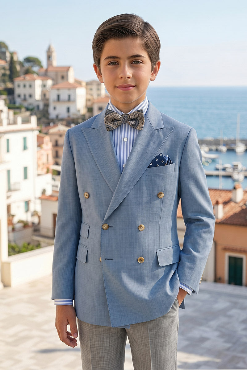 Boys Light Blue Double-Breasted Blazer with Grey Trousers 2-Piece Suit