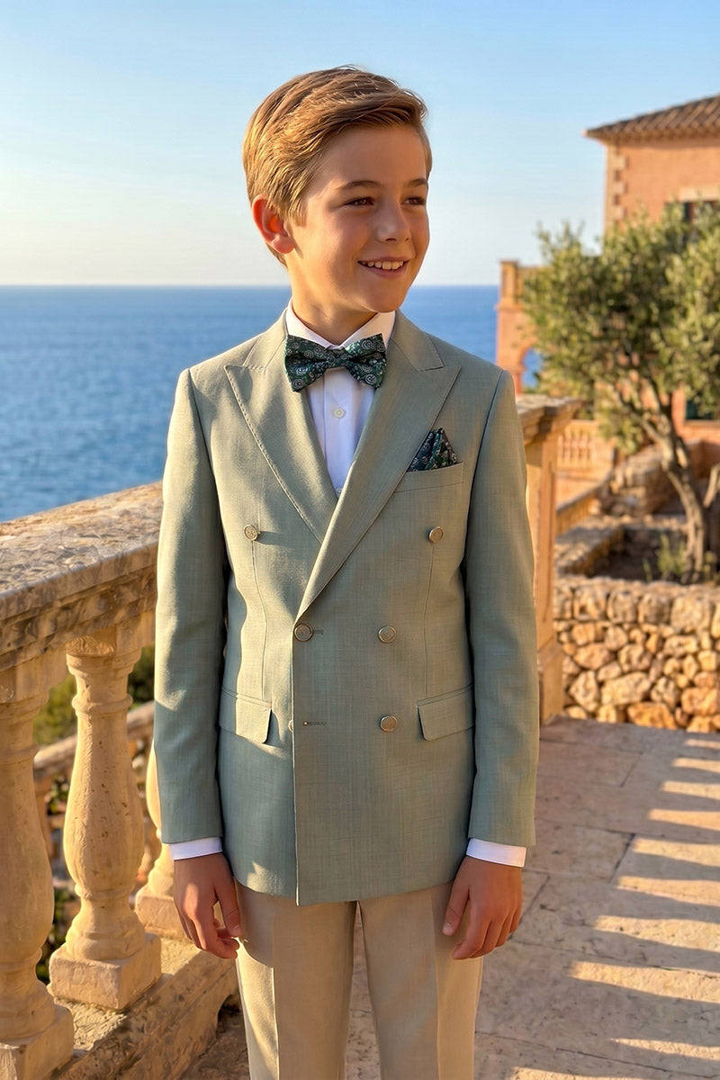 Boys Sage Green Double-Breasted 2-Piece Suit for Weddings & Formal Events