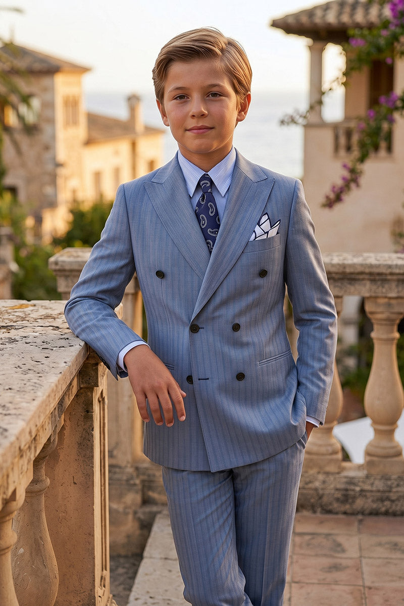 Boys Light Blue Pinstripe Double-Breasted 2--Piece Suit