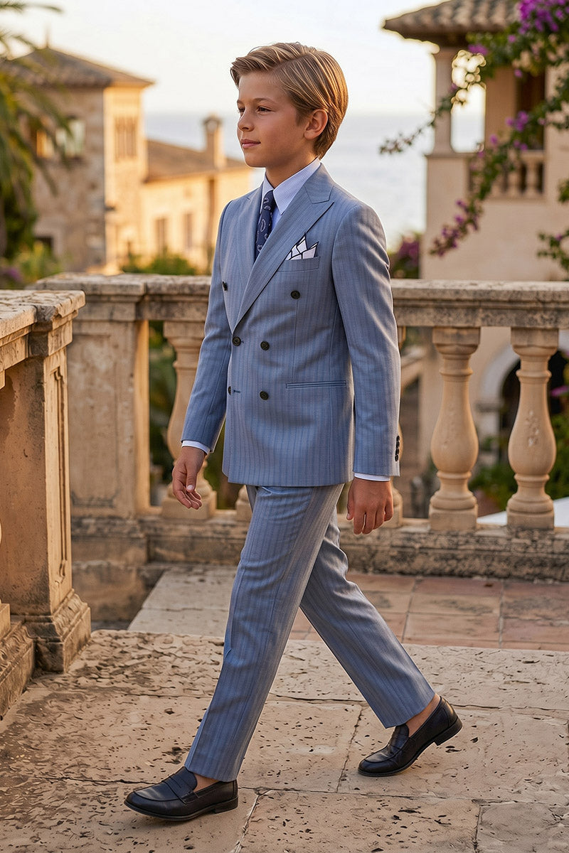 Boys Light Blue Pinstripe Double-Breasted 2--Piece Suit