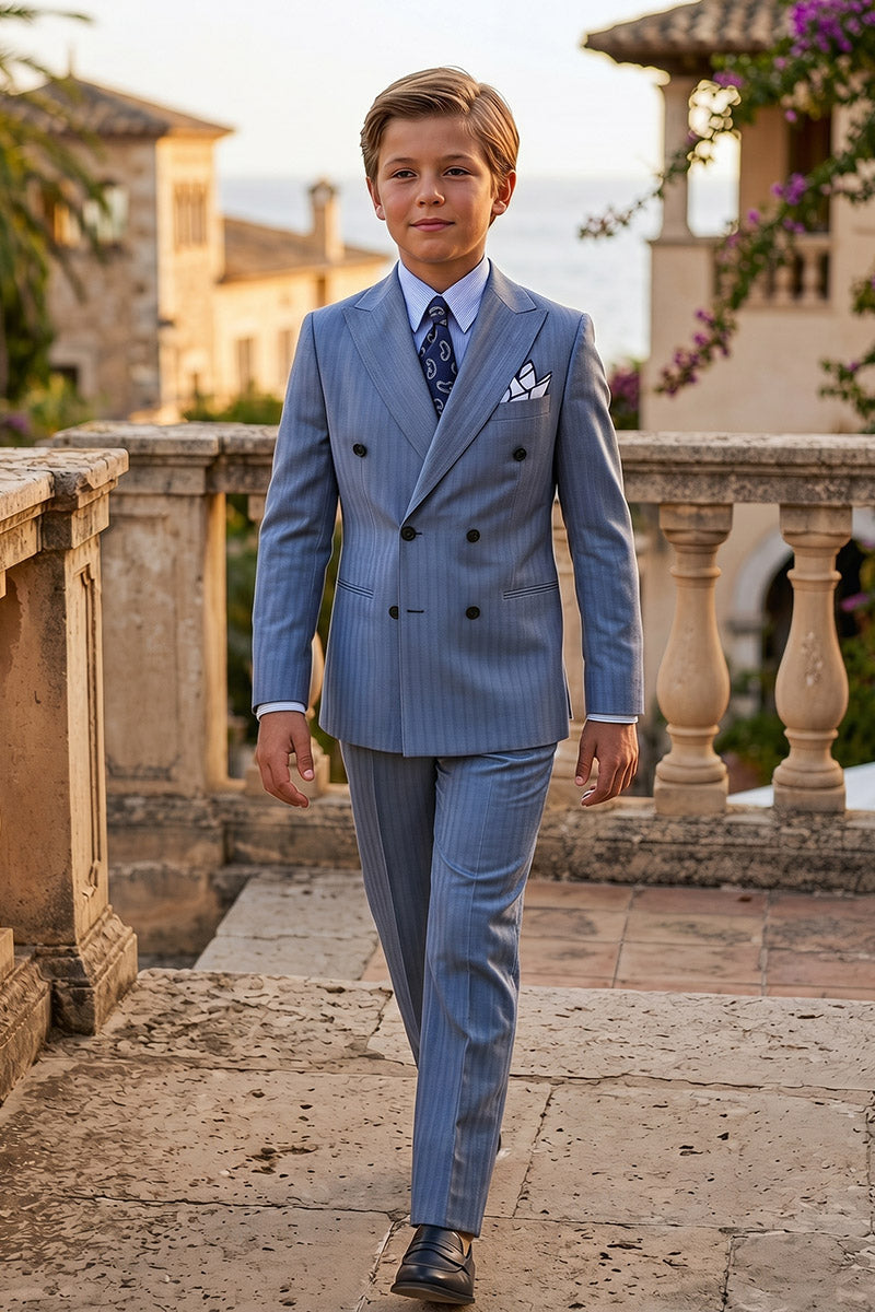 Boys Light Blue Pinstripe Double-Breasted 2--Piece Suit