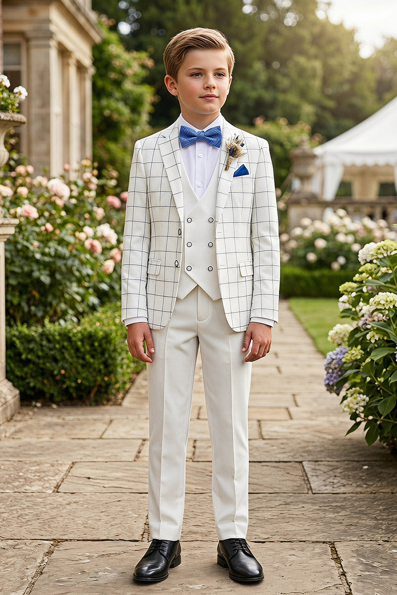 Boys White Windowpane Check 3-Piece Suit for Weddings & Formal Events