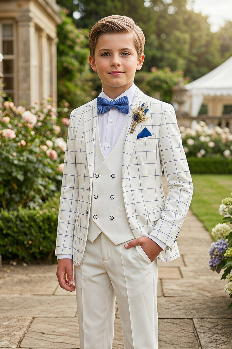 Boys White Windowpane Check 3-Piece Suit for Weddings & Formal Events