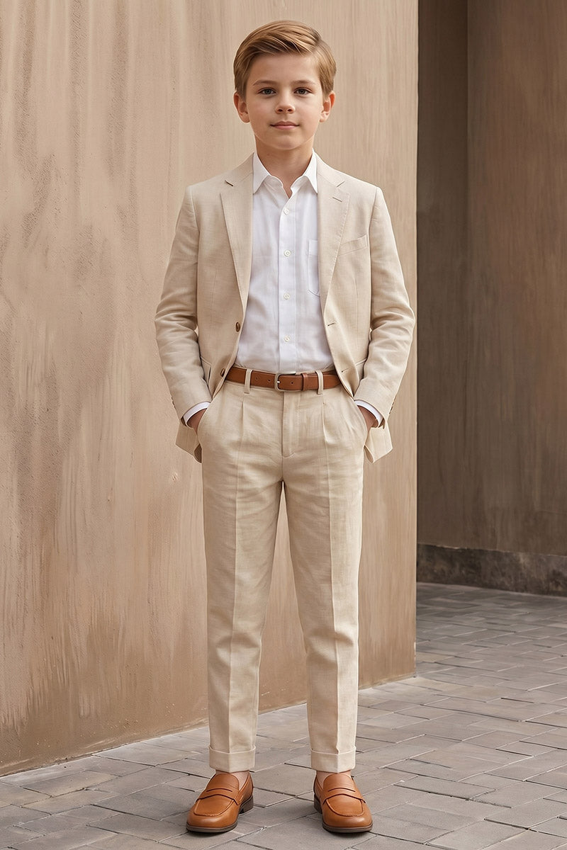 Boys Beige Linen-Blend 2-Piece Suit for Weddings & Formal Events