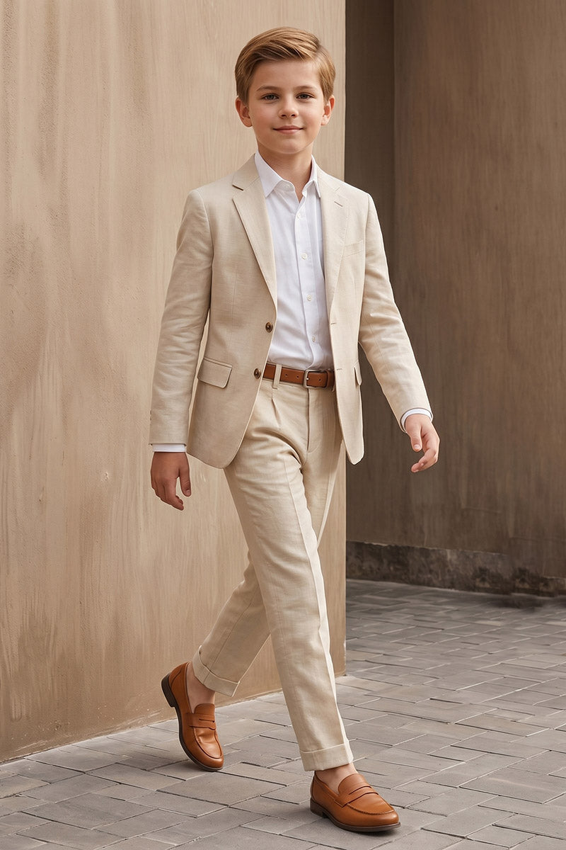 Boys Beige Linen-Blend 2-Piece Suit for Weddings & Formal Events