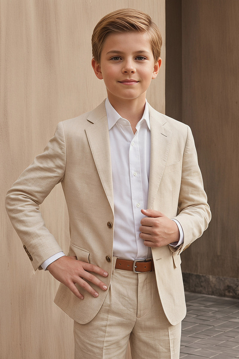 Boys Beige Linen-Blend 2-Piece Suit for Weddings & Formal Events