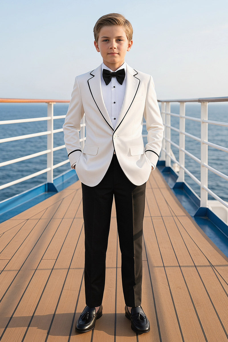 Boys White Tuxedo with Black Trim and Trousers 2-Piece Suit