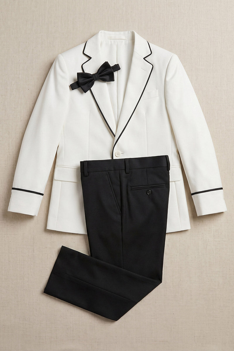 Boys White Tuxedo with Black Trim and Trousers 2-Piece Suit