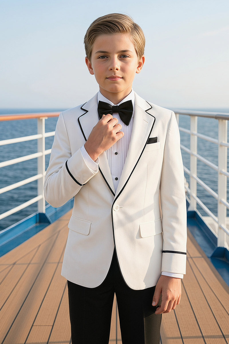 Boys White Tuxedo with Black Trim and Trousers 2-Piece Suit
