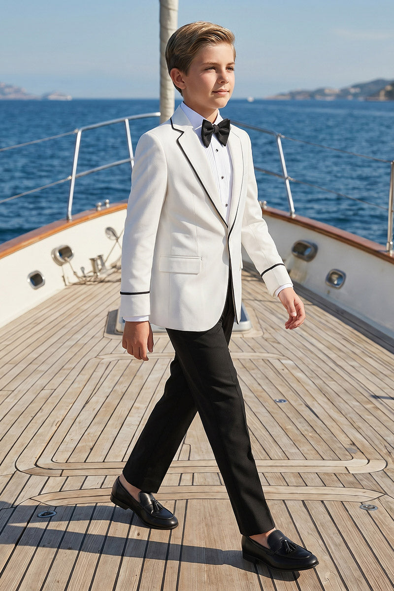 Boys White Tuxedo with Black Trim and Trousers 2-Piece Suit