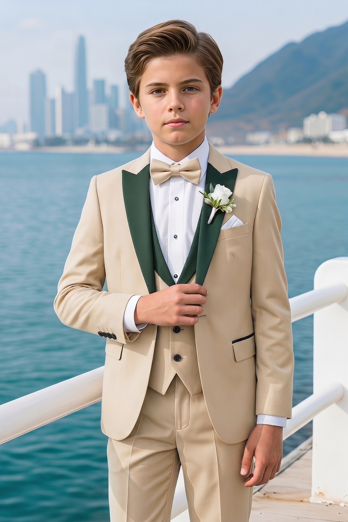 Apricot And Dark Green Color-Blocked Serge 3-Piece Suit