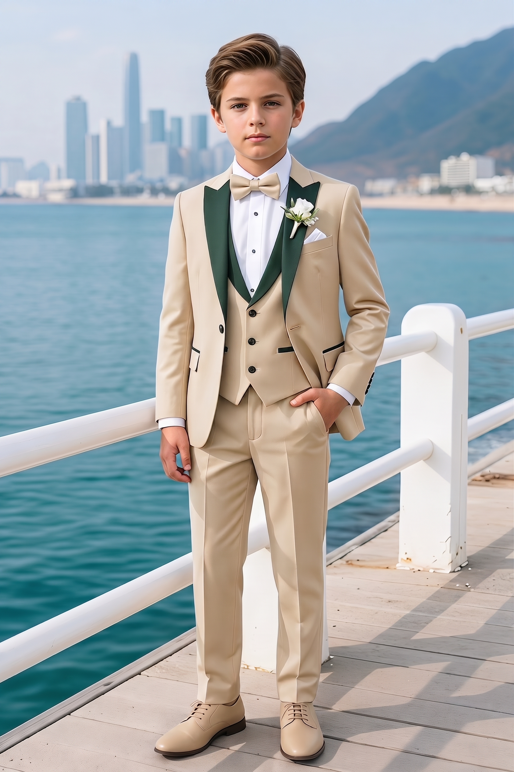 Apricot And Dark Green Color-Blocked Serge 3-Piece Suit