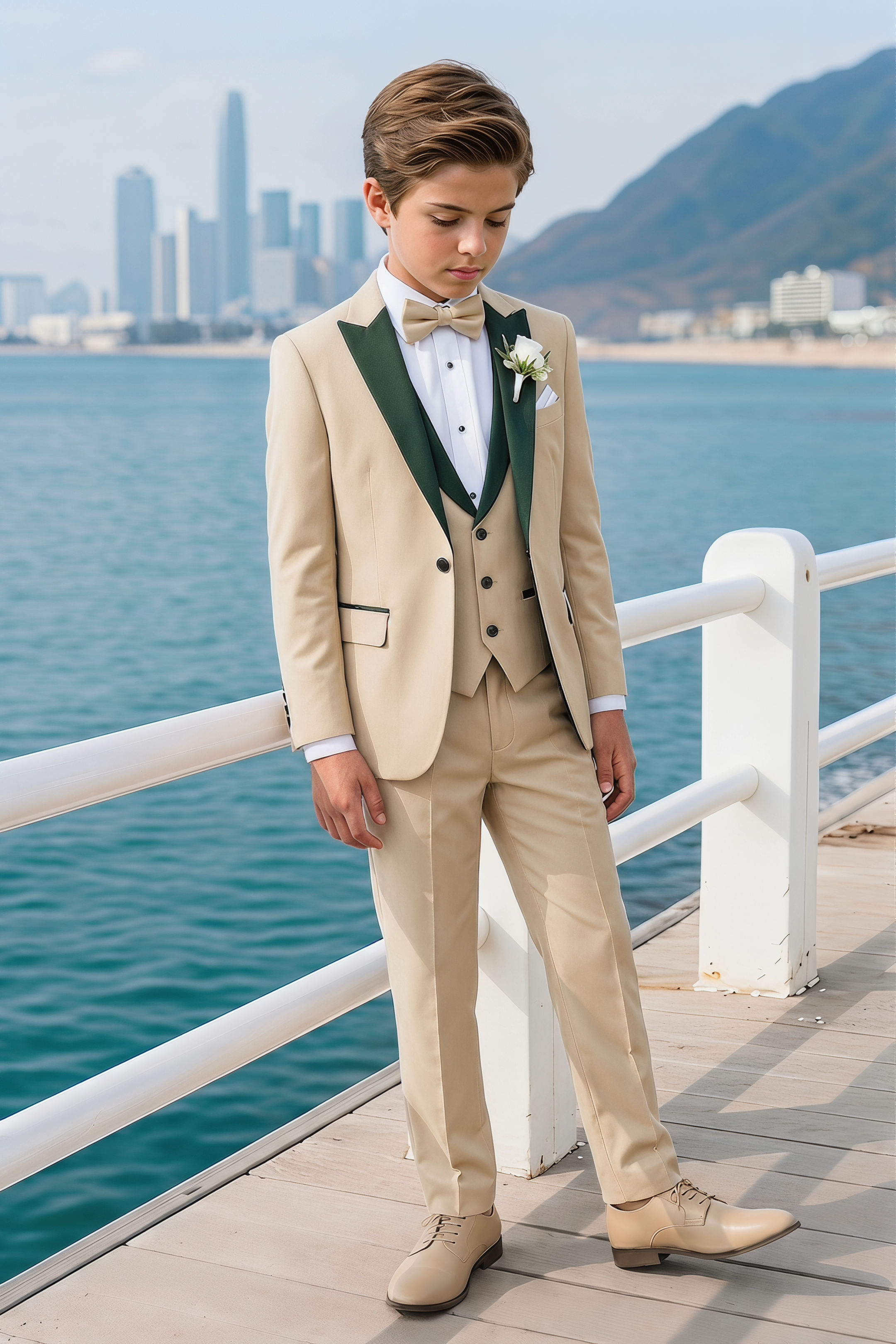 Apricot And Dark Green Color-Blocked Serge 3-Piece Suit